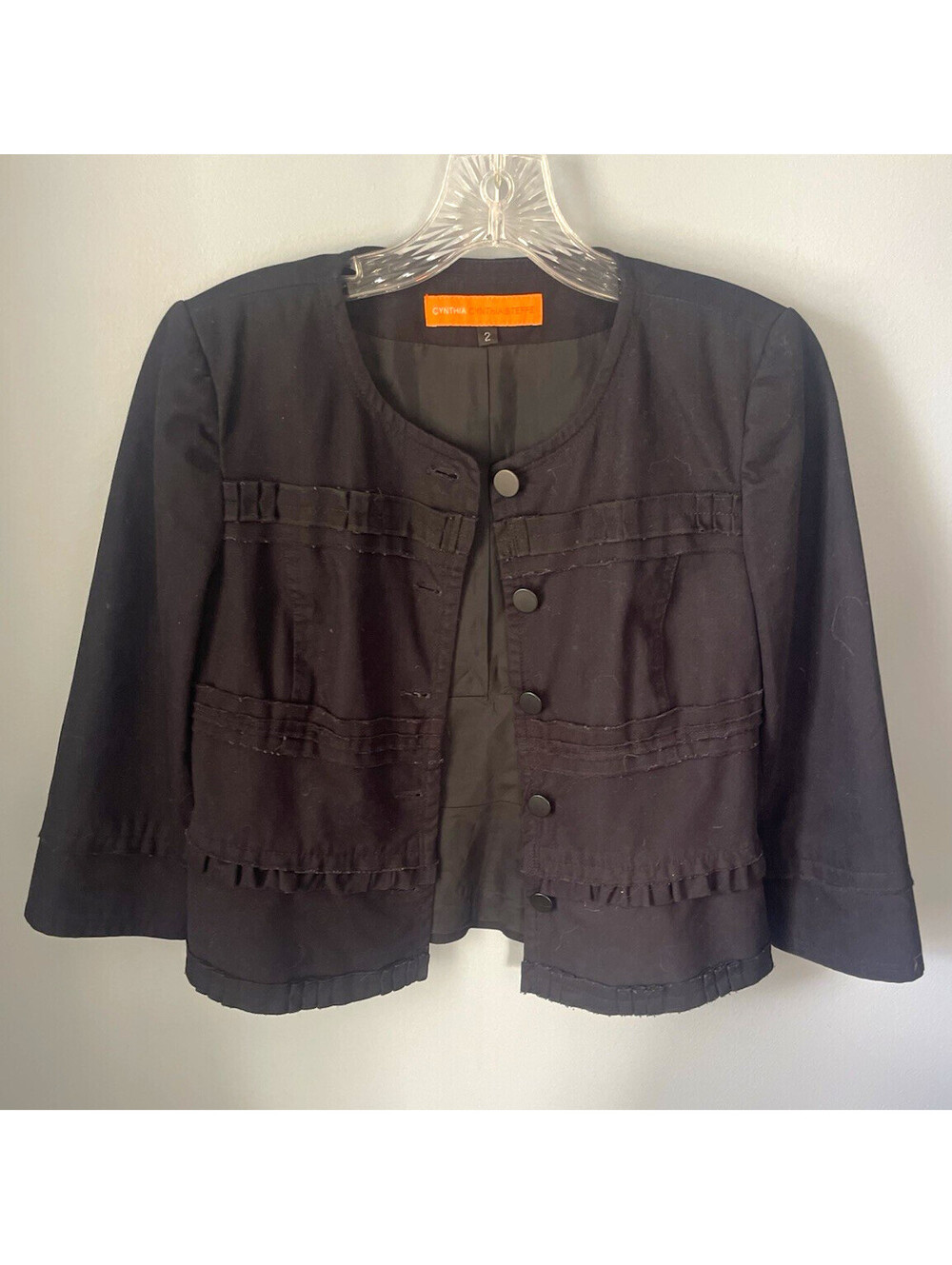 Cynthia Steffe Women’s Black Cotton Twill Button Front Ruffle Lined Jacket Sz 2